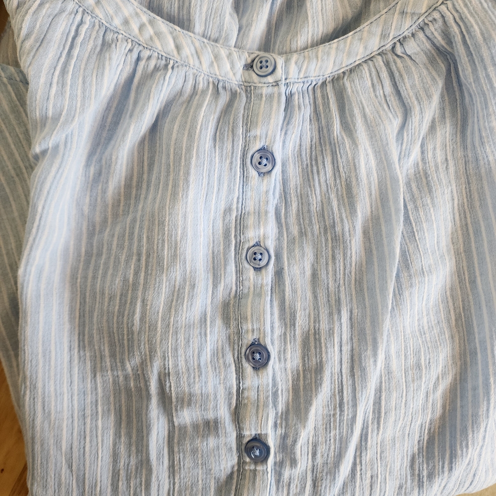 Sears Blue Pinstripe Button Down Top Womens Size 12 Minimalist Flowy Blouse